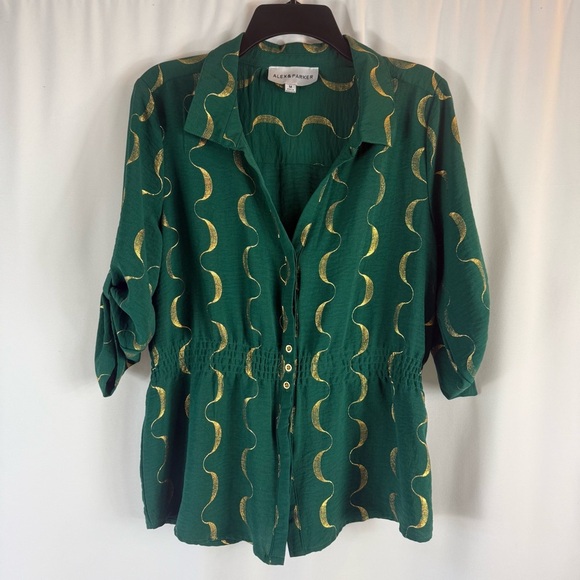 Alex & Parker Emerald and Gold Patterned Blouse Size: M - Picture 1 of 14